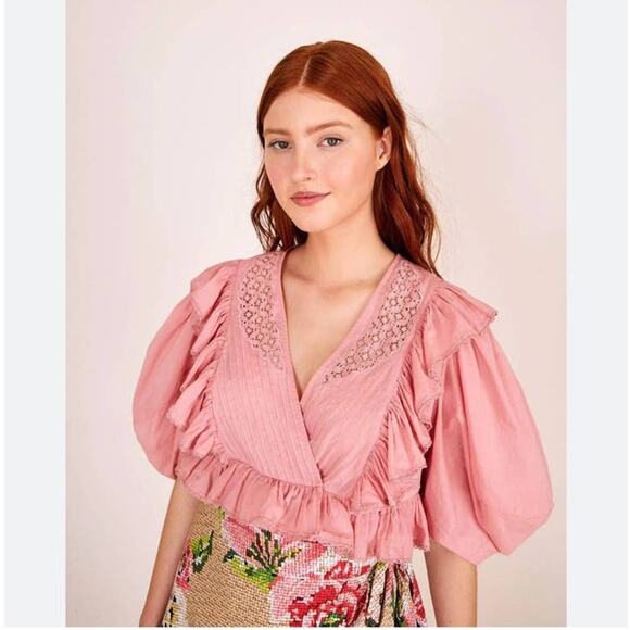 Farm Rio Blush Pink Puff Sleeve V-Neck Cropped Bohemian Blouse Size XS - Picture 13 of 16